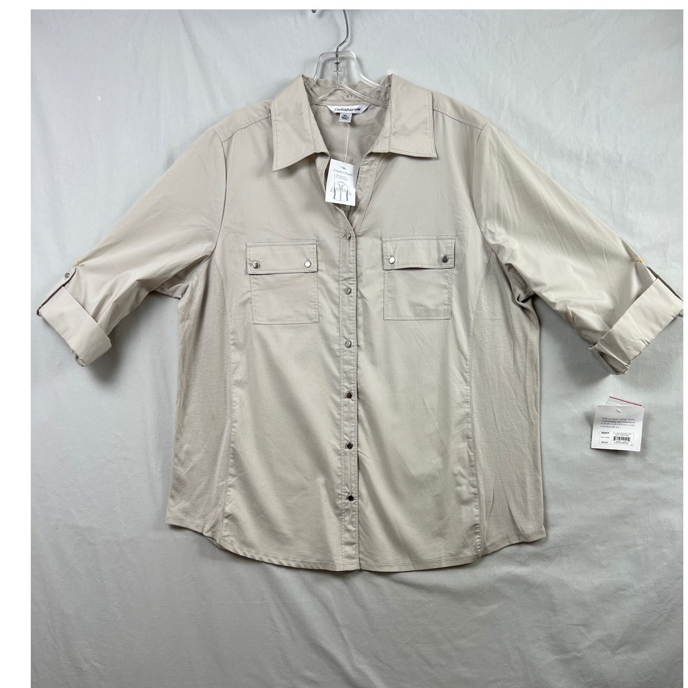 Croft & Barrow Button Down Shirt Women XL Tan Knit Side Panels Utility Pocket